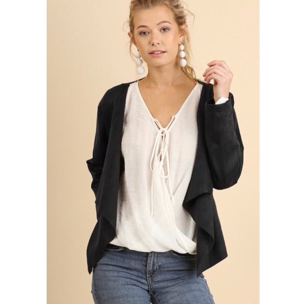 Grey Vegan Suede Draped Jacket Blazer - Picture 6 of 8